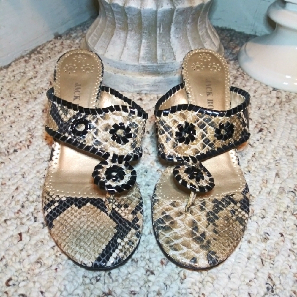 Jack Rogers Marina Black & Tan Snakeskin Kitten Heeled Thong Sandals - Picture 3 of 8